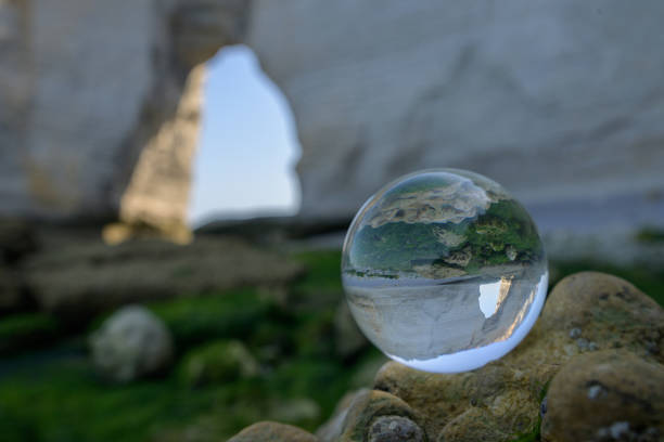 istock Chalk cliffs of Etretat seen through glass sphere 1874099905