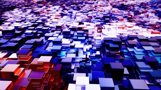 istock Blue-Purple-Red colored data cubes arranged in a row. Business process and technology abstract 1874136979