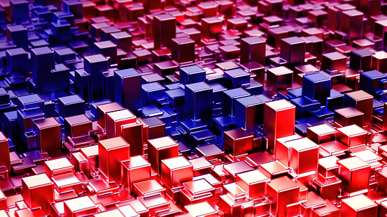 Blue-Purple-Red colored data cubes arranged in a row. Business process and technology abstract.