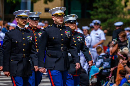 Portland, Oregon, USA - June 10, 2023: Third Marine Aircraft Wing Marching Band in the Grand Floral Parade, during Portland Rose Festival 2023.