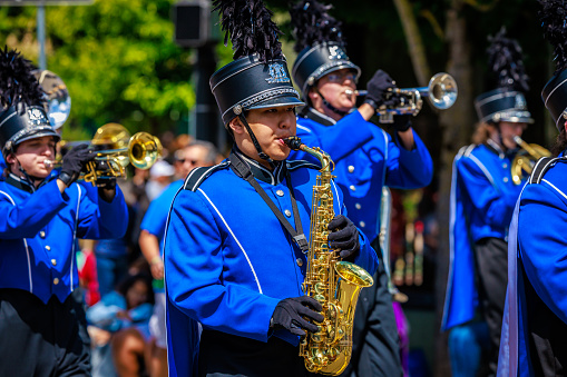 Portland, Oregon, USA - June 10, 2023: Hillsboro High School Marching Band in the Grand Floral Parade, during Portland Rose Festival 2023.