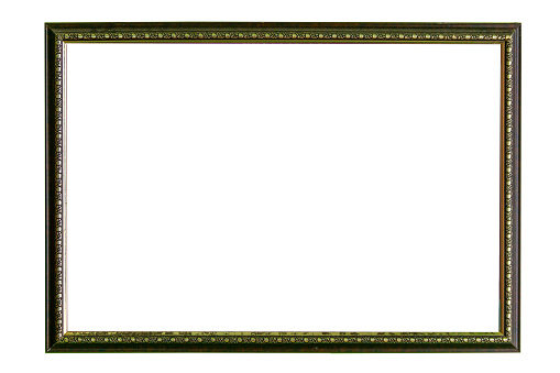 Empty brown wooden frame on white screen background. rectangular wooden painting frame with ornaments. Full transparent PNG.