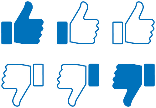 Thumbs up and thumbs down blue icon set