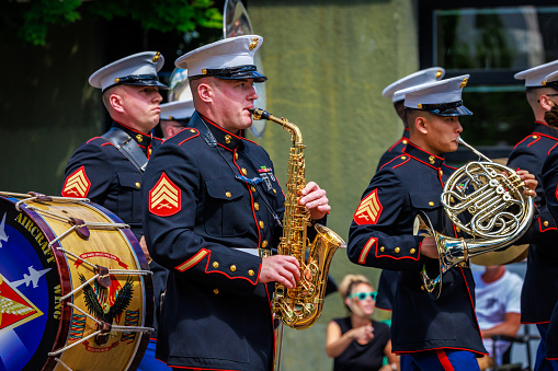 Portland, Oregon, USA - June 10, 2023: Third Marine Aircraft Wing Marching Band in the Grand Floral Parade, during Portland Rose Festival 2023.