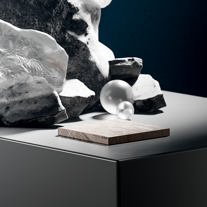 3D Rendered Rock Display Stand with Crystal Minerals on Desktop - Stock Photography Material