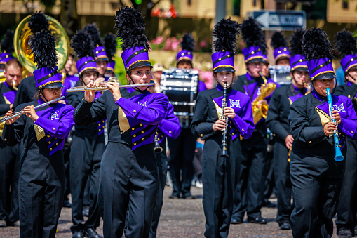 Portland, Oregon, USA - June 10, 2023: Hermiston High School Marching Band in the Grand Floral Parade, during Portland Rose Festival 2023.
