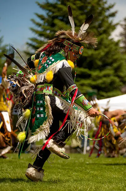 A young Shoshone man taking part in the Men's Traditional Dance competition at a PowWow.