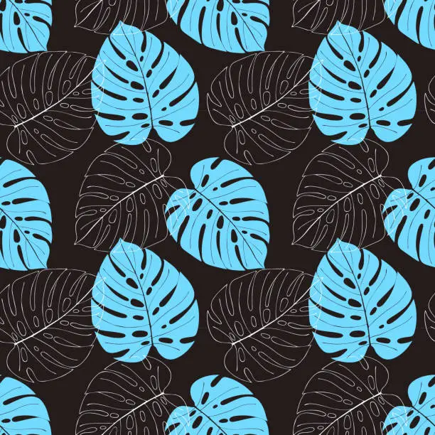 Vector illustration of Monstera pattern blue leaves doodle , white contour on dark background.