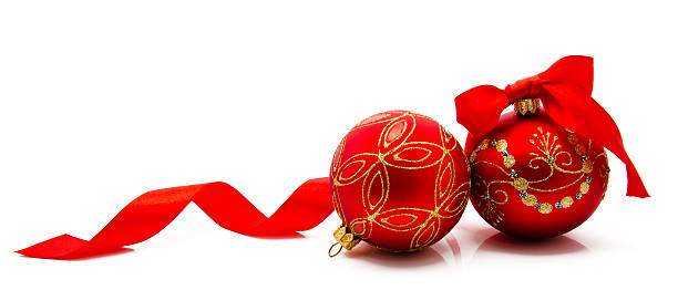 istock Two red christmas balls with ribbon isolated on a white 187417304