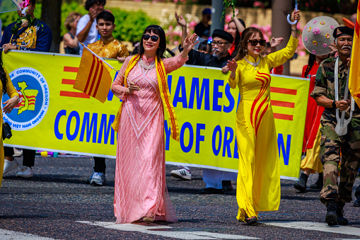 Portland, Oregon, USA - June 10, 2023: Vietnamese Community of Oregon in the Grand Floral Parade, during Portland Rose Festival 2023.