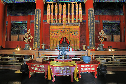 Beijing, China, October 5, 2019: The holy place of Confucius in Dacheng Hall of Confucius Temple in Beijing.