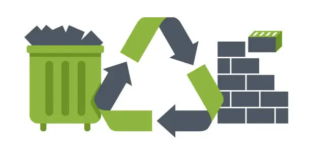 Vector illustration of Construction waste recycling - trash and bricks