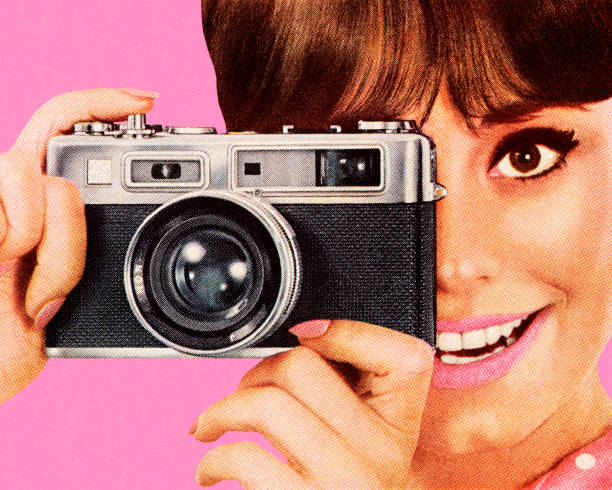 Woman Taking Picture With Camera Woman Taking Picture With Camera vintage camera stock illustrations