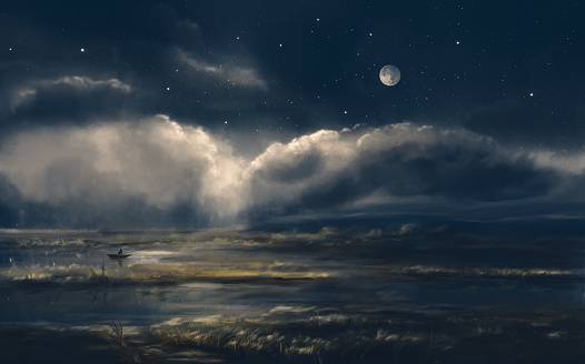 Fisherman in boat silhouette on pond landscape with high grass and cloudy night moon sky. Digital hand painting. https://moon.nasa.gov/internal_resources/352/
