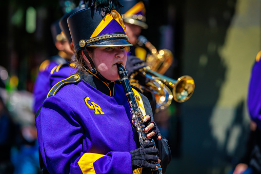 Portland, Oregon, USA - June 10, 2023: Columbia River High School Marching Band in the Grand Floral Parade, during Portland Rose Festival 2023.