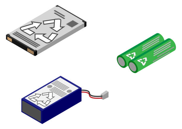 ilustrowany zestaw baterii z izometrycznymi znakami recyklingu - gimnastyka izometryczna obrazy stock illustrations