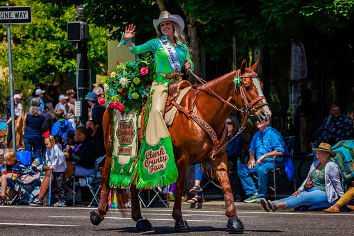 Portland, Oregon, USA - June 10, 2023: Clark County Fair Court in the Grand Floral Parade, during Portland Rose Festival 2023.