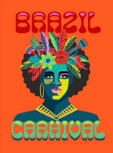 Vector illustration of Poster with portrait of man in brazil carnival outfit. Vector abstract illustration. Design for carnival concept and other use