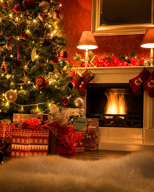 istock Decorated Christmas Tree with Presents and Fireplace with Champagne 187422023