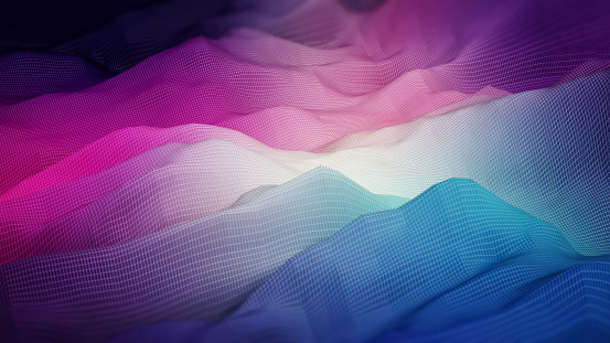 Abstract wavy topography with wireframe grid and color gradient.