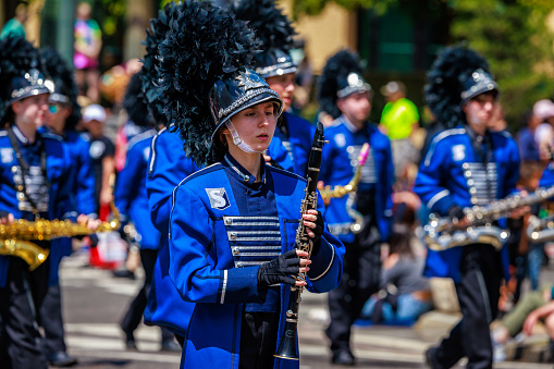 Portland, Oregon, USA - June 10, 2023: Skyview High School Band in the Grand Floral Parade, during Portland Rose Festival 2023.