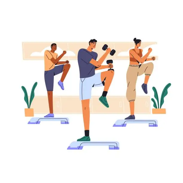 Vector illustration of Fitness group practices cardio workout in sport class. People engage step training, pilates. Sporty man, coach with dumbbell goes bench aerobics. Flat isolated vector illustration on white background