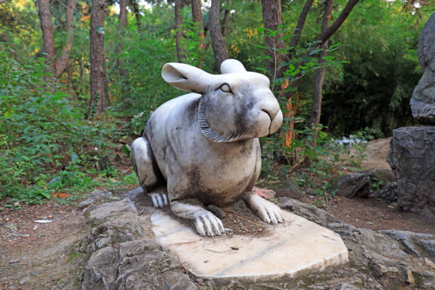 Beijing, China - October 3, 2020: Rabbit sculpture landscape in the park