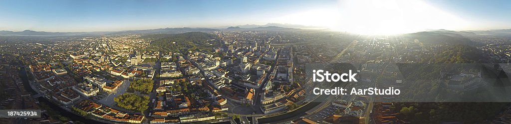 Areal view on Ljubljana Panoramic photo of Ljubljana, capital of Slovenia. Areal view on western parti of the city centre. City Stock Photo