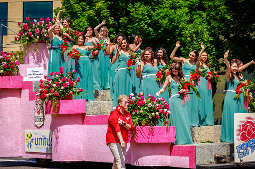 Portland, Oregon, USA - June 10, 2023: Rose Festival Court in the Grand Floral Parade, during Portland Rose Festival 2023.
