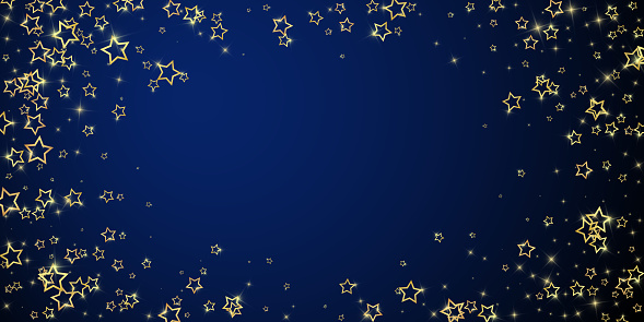 Starry night fairy tale background. Cute sparkling twinkles, christmas spirit in the air. Festive stars vector illustration on dark blue background.