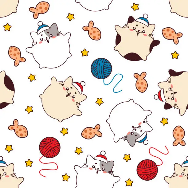 Vector illustration of Vector seamless pattern with puffed up fat cats in winter hats