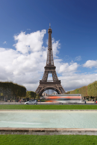 Las Vegas, Nevada, USA - September 22, 2014: Closeup of the top of the Paris Casino Eiffel Tower replica which is about half the size of the original in France. The tower is an iconic landmark along the famous Las Vegas Strip.