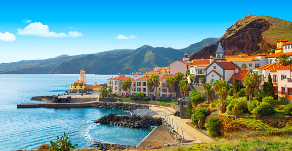 View of the small village of Canical and Marina da Quinta Grande, near Ponta de Sao Lourenco. Madeira Island, Portugal