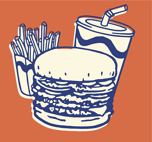 ilustraciones, imágenes clip art, dibujos animados e iconos de stock de comida rápida comida de papas fritas, hamburguesas, y soda - hamburguesa alimento