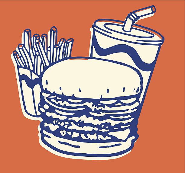 illustrations, cliparts, dessins animés et icônes de repas de fast-food hamburger, frites et boisson gazeuse - frites