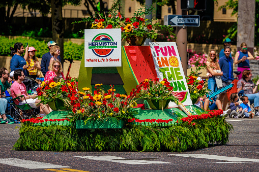 Portland, Oregon, USA - June 10, 2023: City of Hermiston Mini-Float in the Grand Floral Parade, during Portland Rose Festival 2023.