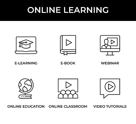 Online Learning Icon Set contains these icons: E-Learning, E-Book, Webinar, Online Education, Online Classroom, Video Tutorials