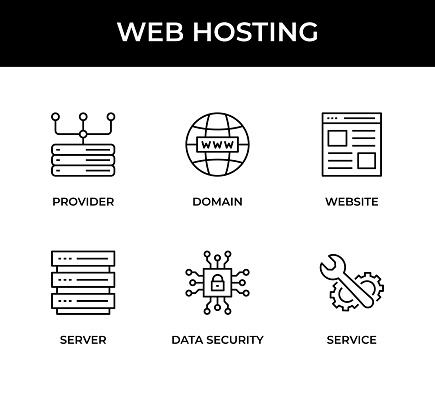 Web Hosting Icon Set contains these icons: Provider, Domain, Website, Server, Data Security, Service