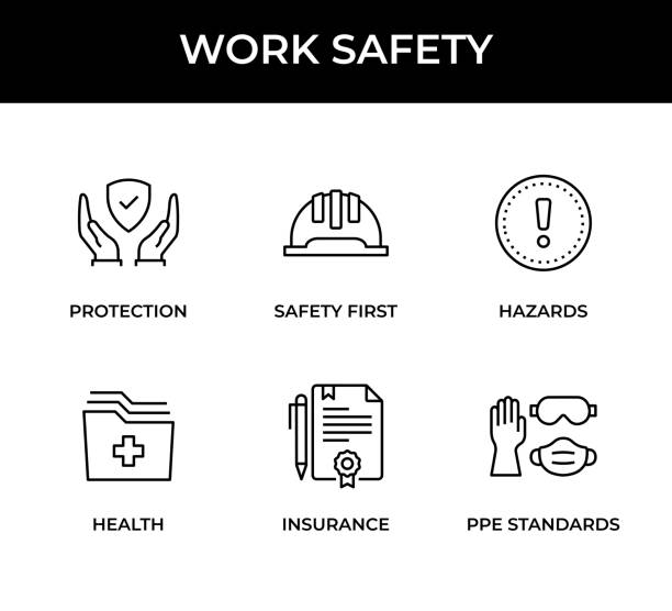 Work Safety Icon Set contains these icons: Protection, Safety First, Hazards, Health, Insurance, PPE Standards Work Safety Icon Set contains these icons: Protection, Safety First, Hazards, Health, Insurance, PPE Standards safety first stock illustrations