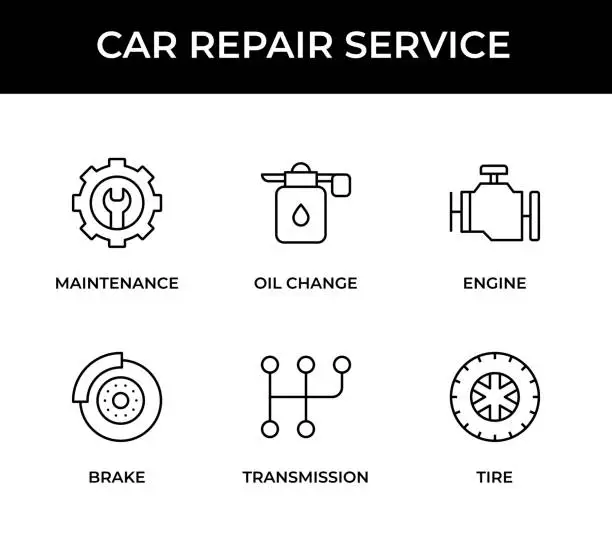 Vector illustration of Car Repair Service Icon Set. Maintenance, Oil Change, Engine, Brake, Transmission, Tire icons