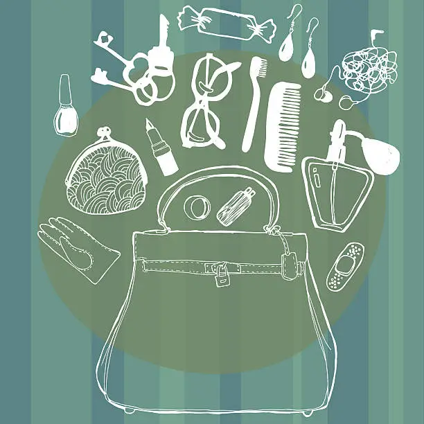 Vector illustration of Women's handbag and its contents. Pattern