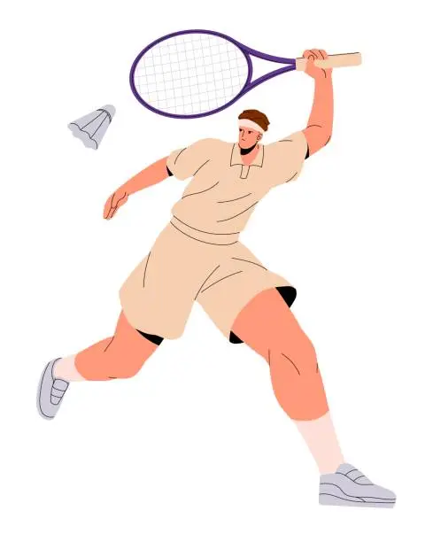 Vector illustration of Professional sportsman plays racquet sport. Badminton player in uniform on game court. Athlete running, swings, hits shuttlecock with racket. Flat isolated vector illustration on white background