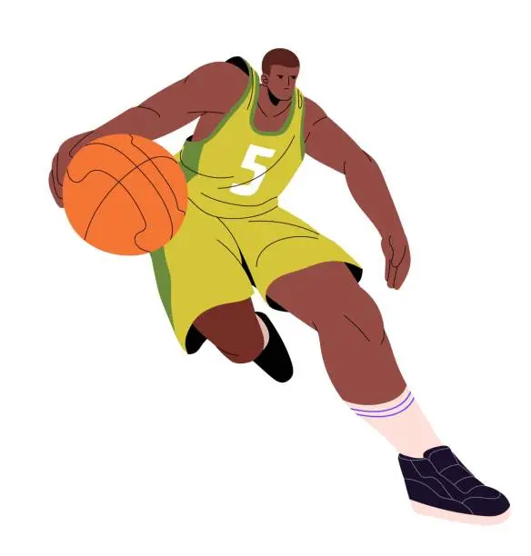 Vector illustration of Professional sportsman plays on basketball match. Player of team game. Man in sport uniform is on forward or guard position running, rushing, dribbling ball. Flat isolated vector illustration on white