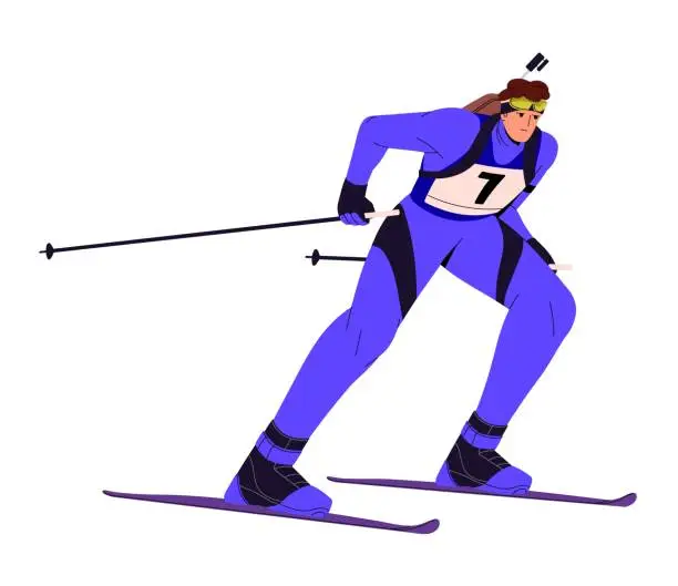 Vector illustration of Professional sportsman goes cross country skiing. Athlete carrying equipment for rifle shooting. Skier with sticks rushing in biathlon race. Winter sport. Flat isolated vector illustration on white
