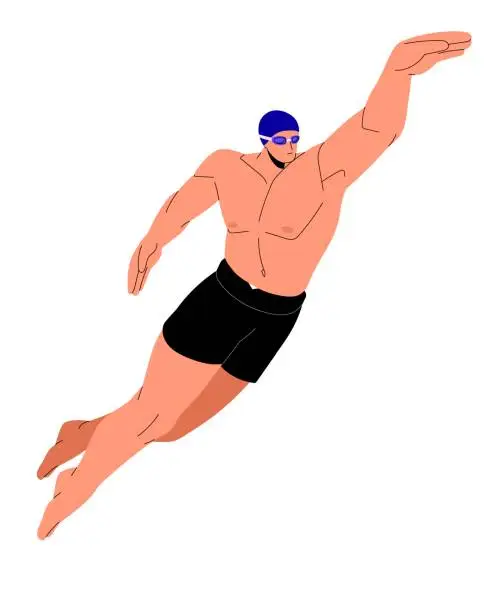 Vector illustration of Aquatic sport athlete. Professional sportsman in swimming cap, glasses training butterfly style. Swimmer floating in freestyle. Young man with athletic body. Flat isolated vector illustration on white