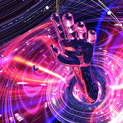 Hand and meta human in metaverse,Reaching hand,Large hand in the space.
