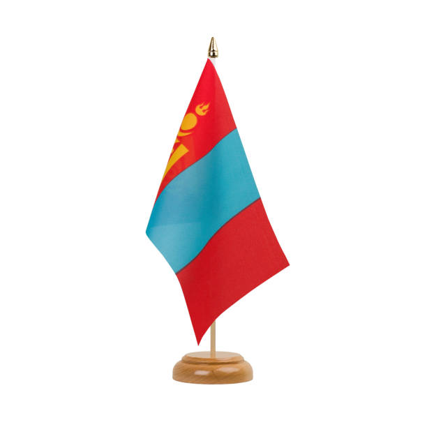 istock Mongolia Flag, small wooden mongolian desk flag, isolated on white background 1874332102