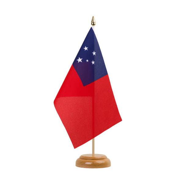 istock Samoa Flag, small wooden samoan desk flag, isolated on white background 1874334255