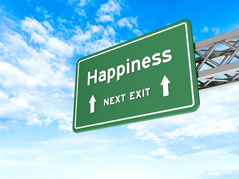 Road Sign with HAPPINESS on Sky - Sky Background - 3D rendering