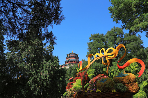Beijing, China - October 6, 2020: Buddhist Pavilion and huge flower basket in the summer palace, Beijing